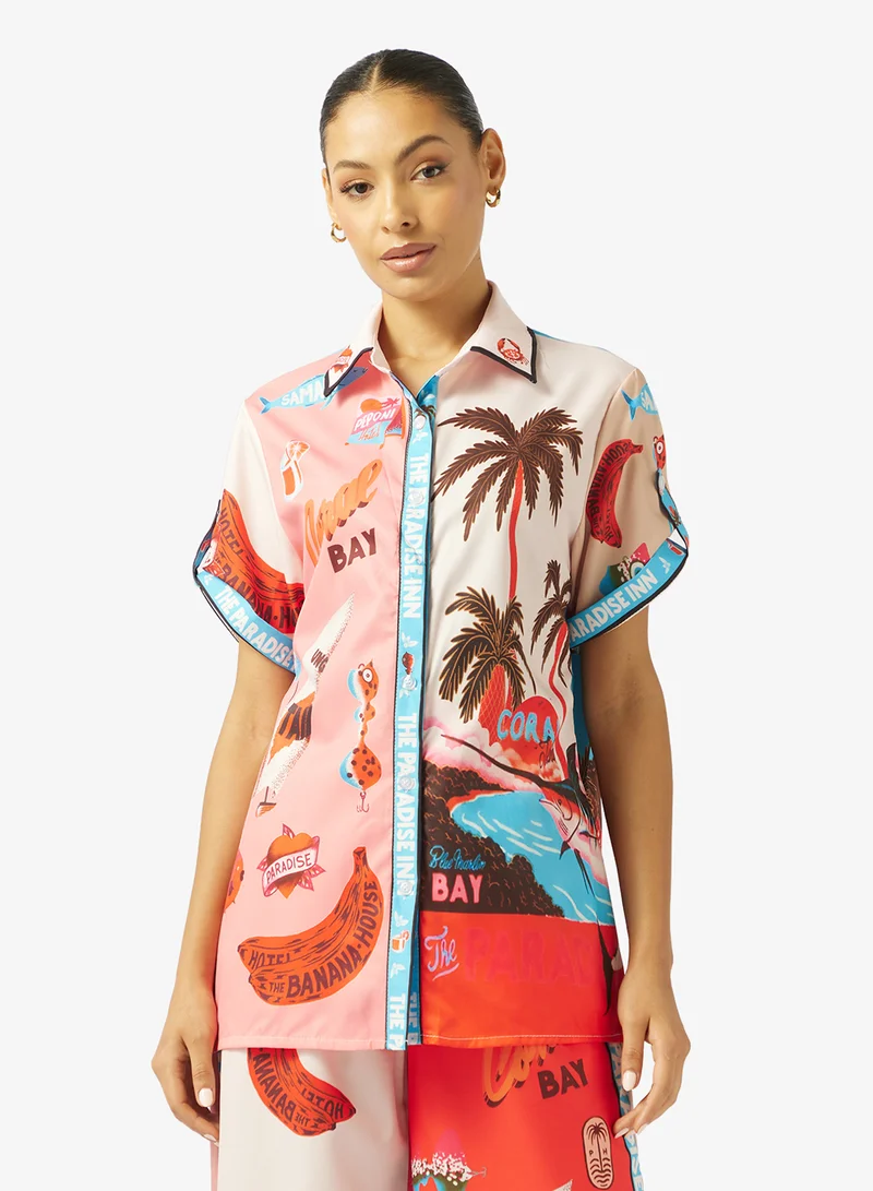 Ginger Oversize Satin Tropical Print Shirt & Pant Coord Set